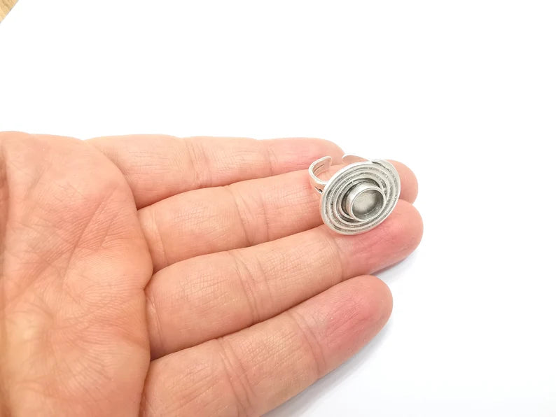 Silver Ring Setting Blank Cabochon Mounting Adjustable Resin Base Bezel Mosaic Ring, Antique Silver Plated Brass (8mm bezel) G33186