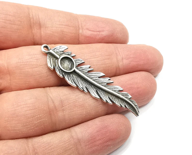 Feather Pendant Blanks, Resin Bezel Bases, Mosaic Mountings, Dry flower Frame, Polymer Clay base, Antique Silver Plated (6mm) G33284