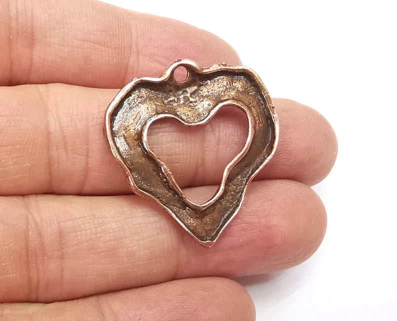 2 Organic Heart Charms, Antique Copper Plated (33x30mm) G33205