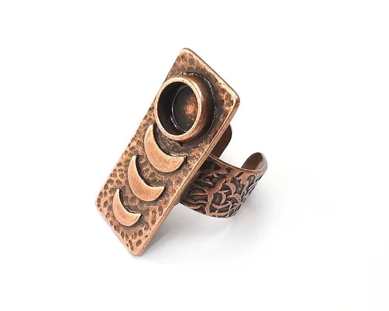 Crescent Moon Ring, The Phases of The Moon Ring Blank Setting, Cabochon Mounting, Adjustable Resin Base Bezels, Antique Copper (8mm) G33206
