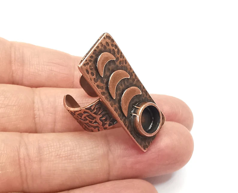 Crescent Moon Ring, The Phases of The Moon Ring Blank Setting, Cabochon Mounting, Adjustable Resin Base Bezels, Antique Copper (8mm) G33206