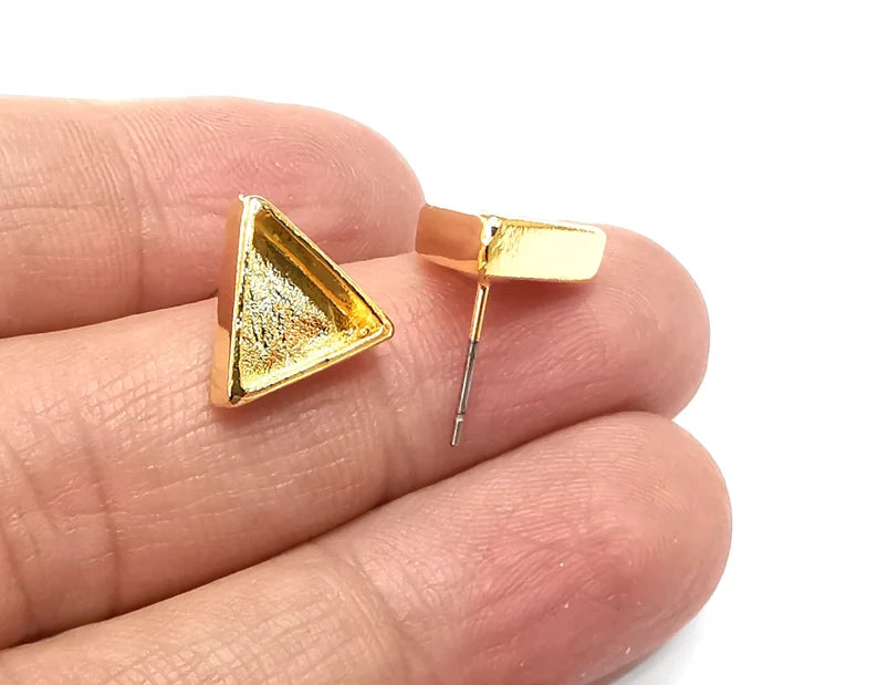 Gold Triangle Blank Earring Bezel Set Base Shiny Gold Plated Brass Earring Stud Base (10mm blank) G33207