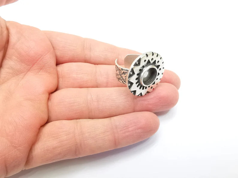 Silver Ring Blank Setting, Cabochon Mounting, Adjustable Resin Ring Base Bezels, Antique Silver Inlay Ring Mosaic Ring Bezel (10mm) G33209