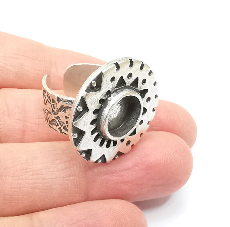 Silver Ring Blank Setting, Cabochon Mounting, Adjustable Resin Ring Base Bezels, Antique Silver Inlay Ring Mosaic Ring Bezel (10mm) G33209