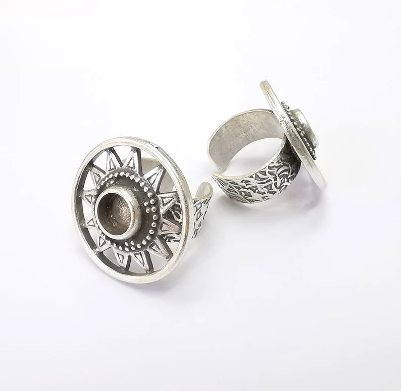 Silver Ring Blank Setting, Cabochon Mounting, Adjustable Resin Ring Base Bezels, Antique Silver Inlay Ring Mosaic Ring Bezel (8mm) G33210