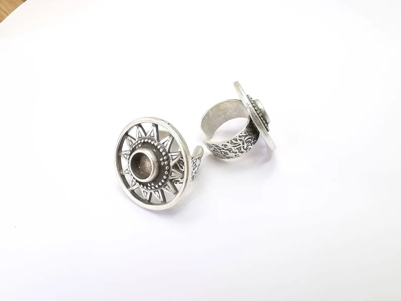 Silver Ring Blank Setting, Cabochon Mounting, Adjustable Resin Ring Base Bezels, Antique Silver Inlay Ring Mosaic Ring Bezel (8mm) G33210