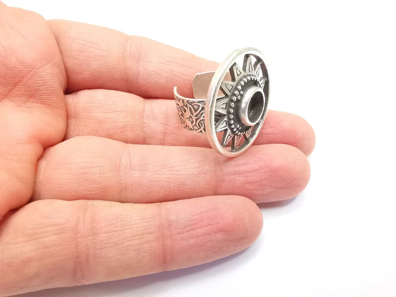 Silver Ring Blank Setting, Cabochon Mounting, Adjustable Resin Ring Base Bezels, Antique Silver Inlay Ring Mosaic Ring Bezel (8mm) G33210