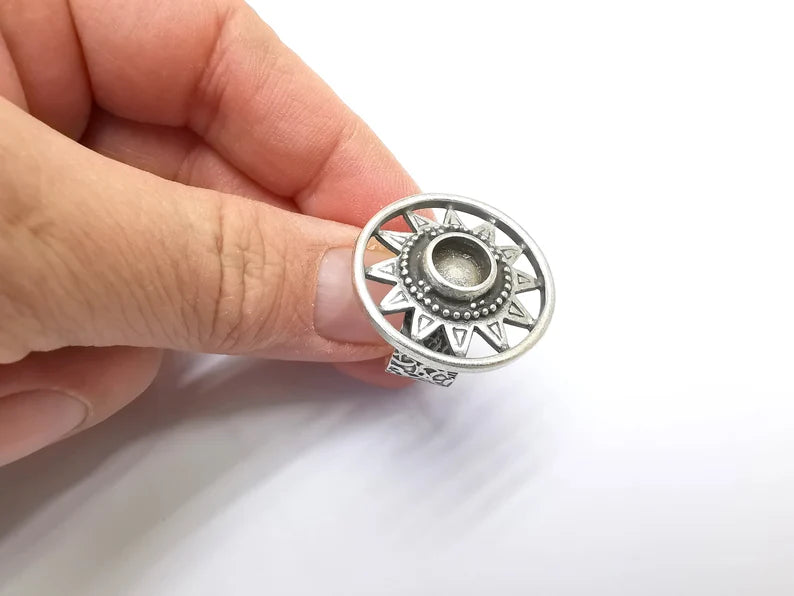 Silver Ring Blank Setting, Cabochon Mounting, Adjustable Resin Ring Base Bezels, Antique Silver Inlay Ring Mosaic Ring Bezel (8mm) G33210