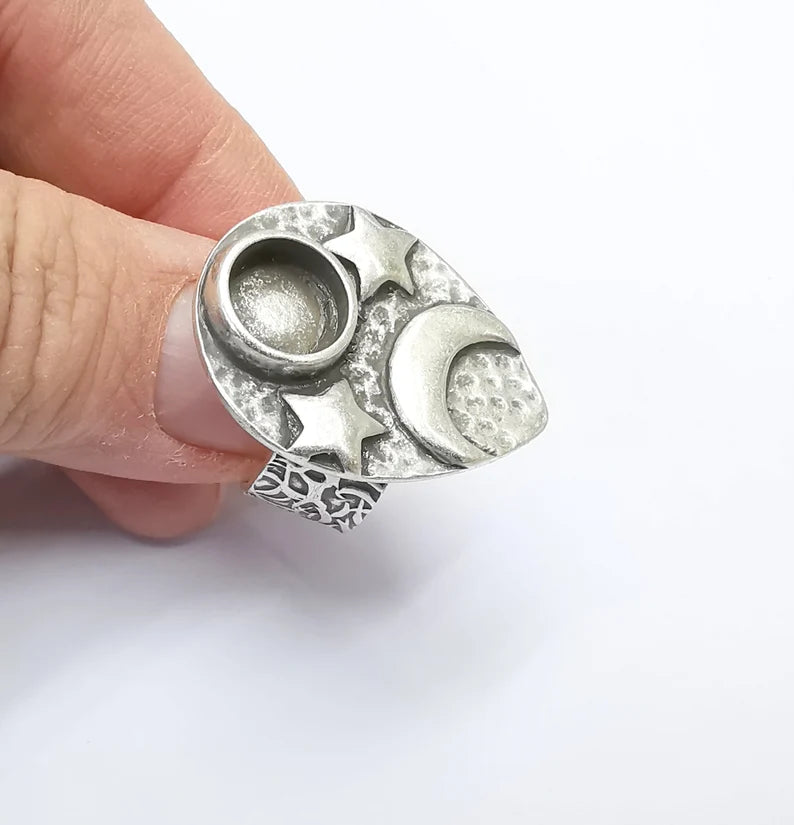 Star and Moon Ring Blank Setting, Cabochon Mounting, Adjustable Resin Base, Inlay Ring Mosaic Ring Bezel Antique Silver Plated (10mm) G33211