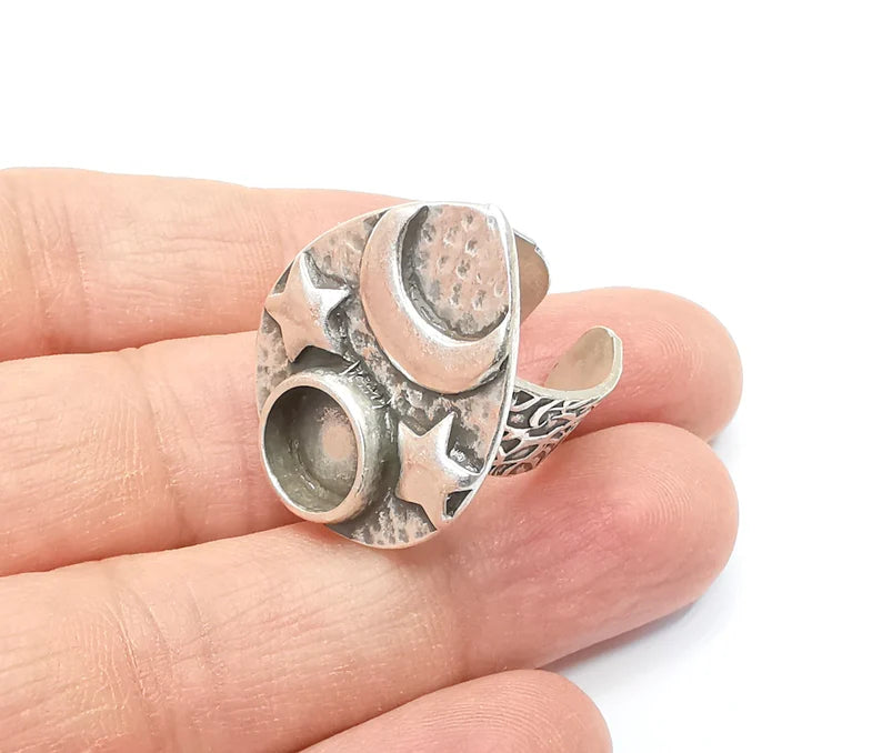 Star and Moon Ring Blank Setting, Cabochon Mounting, Adjustable Resin Base, Inlay Ring Mosaic Ring Bezel Antique Silver Plated (10mm) G33211