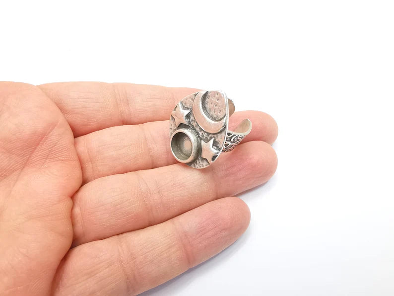 Star and Moon Ring Blank Setting, Cabochon Mounting, Adjustable Resin Base, Inlay Ring Mosaic Ring Bezel Antique Silver Plated (10mm) G33211