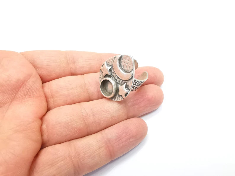 Star and Moon Ring Blank Setting, Cabochon Mounting, Adjustable Resin Base, Inlay Ring Mosaic Ring Bezel Antique Silver Plated (10mm) G33211