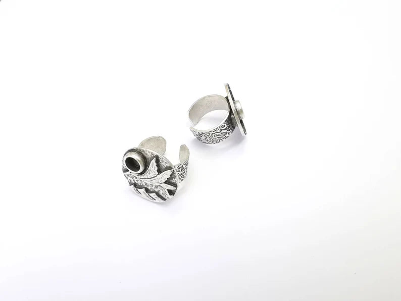 Bird Ring Blank Setting, Cabochon Mounting, Adjustable Resin Base, Inlay Ring Mosaic Ring Bezel Antique Silver Plated (6mm) G33212