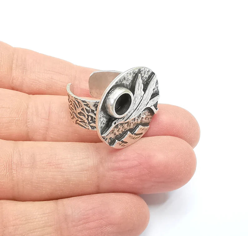 Bird Ring Blank Setting, Cabochon Mounting, Adjustable Resin Base, Inlay Ring Mosaic Ring Bezel Antique Silver Plated (6mm) G33212