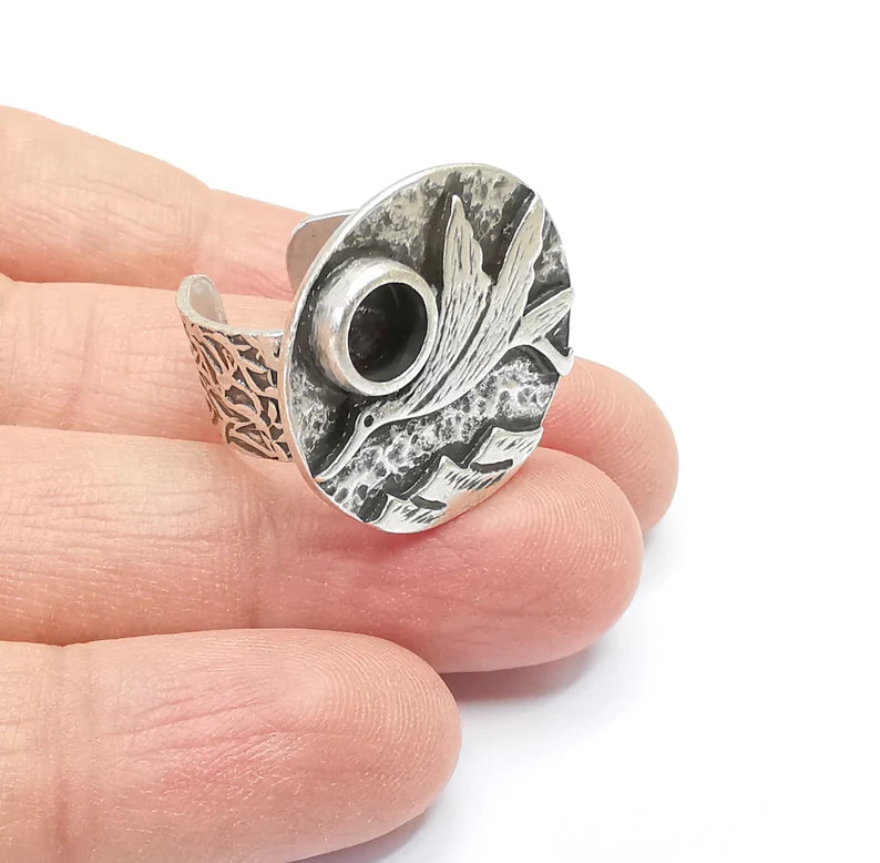 Bird Ring Blank Setting, Cabochon Mounting, Adjustable Resin Base, Inlay Ring Mosaic Ring Bezel Antique Silver Plated (6mm) G33212
