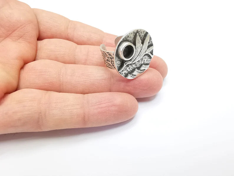 Bird Ring Blank Setting, Cabochon Mounting, Adjustable Resin Base, Inlay Ring Mosaic Ring Bezel Antique Silver Plated (6mm) G33212