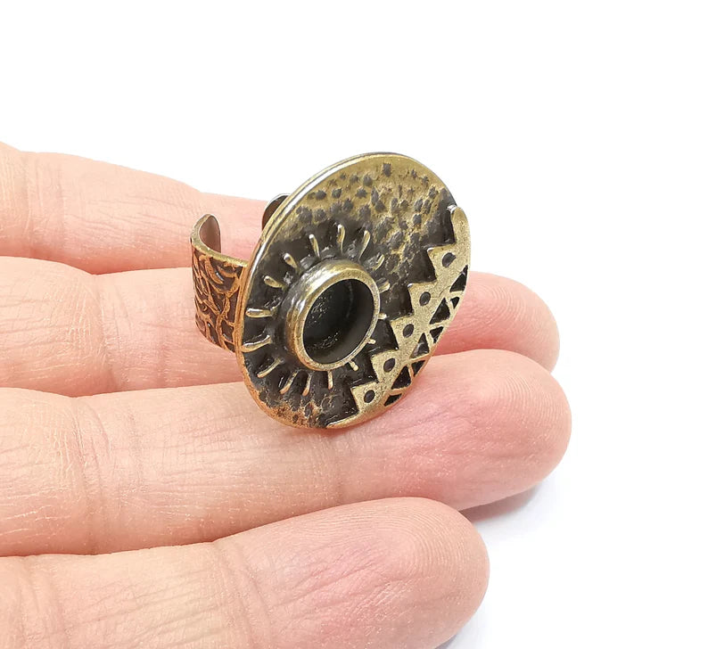Sun Motif Ring Blank Setting, Cabochon Mounting, Adjustable Resin Base, Inlay Ring Mosaic Ring Bezel Antique Bronze Plated (8mm) G33213