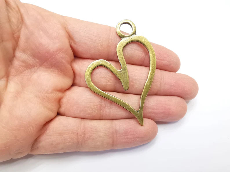 2 Hearts Charms, Antique Bronze Plated Dangle Charms (63x44mm) G33214