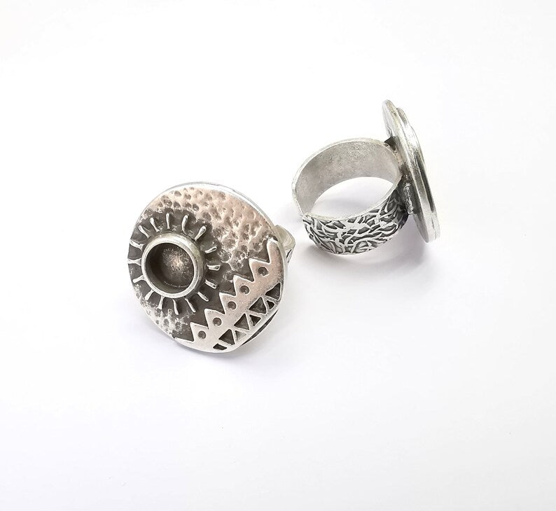 Sun Motif Ring Blank Setting, Cabochon Mounting, Adjustable Resin Base, Inlay Ring Mosaic Ring Bezel Antique Silver Plated (8mm) G33215
