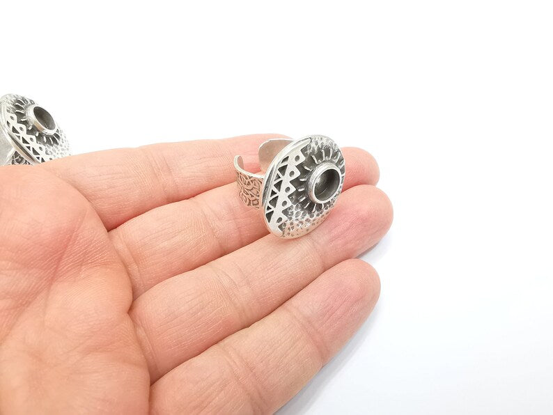 Sun Motif Ring Blank Setting, Cabochon Mounting, Adjustable Resin Base, Inlay Ring Mosaic Ring Bezel Antique Silver Plated (8mm) G33215
