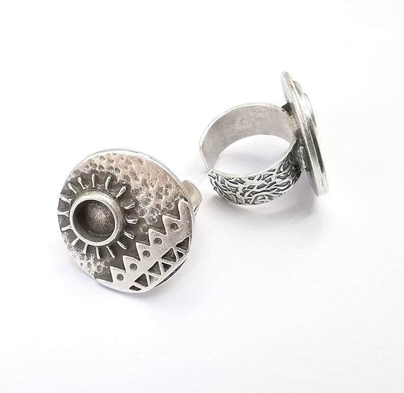 Sun Motif Ring Blank Setting, Cabochon Mounting, Adjustable Resin Base, Inlay Ring Mosaic Ring Bezel Antique Silver Plated (8mm) G33215
