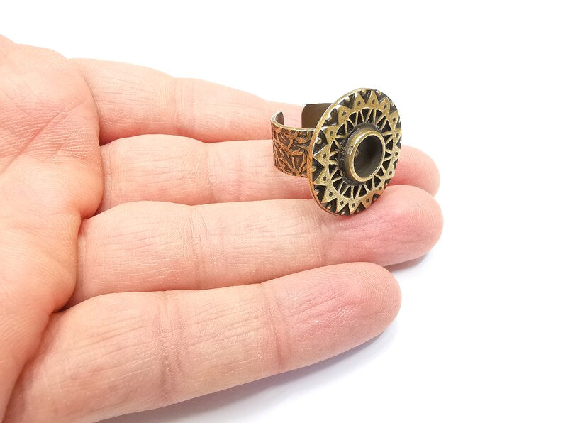 Sun Motif Ring Blank Setting, Cabochon Mounting, Adjustable Resin Base, Inlay Ring Mosaic Ring Bezel Antique Bronze Plated (8mm) G33216