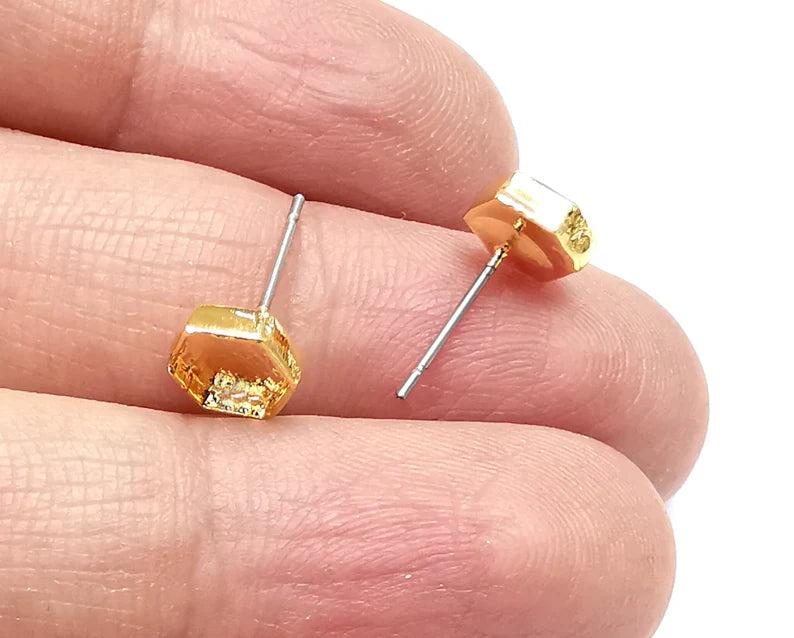 Gold Hexagonal Blank Earring Bezel Set Base Shiny Gold Plated Brass Earring Stud Base (6mm blank) G33242