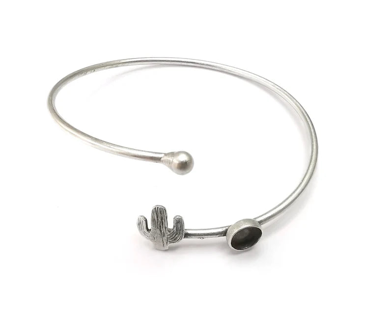 Cactus Bracelet Bezel Blank Resin Bezel Cabochon Cuff Base Setting Adjustable Bracelet Silver Plated Brass (6mm Bezel) G33245