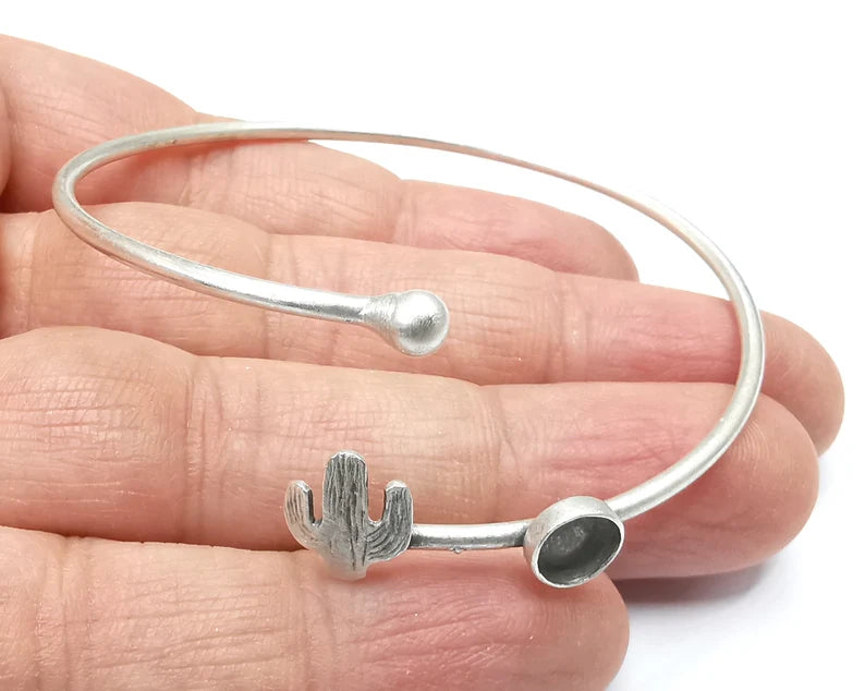 Cactus Bracelet Bezel Blank Resin Bezel Cabochon Cuff Base Setting Adjustable Bracelet Silver Plated Brass (6mm Bezel) G33245