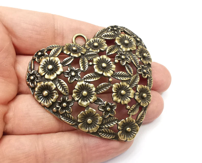 Heart Flower Pendant, Antique Bronze Plated Pendant (65x59mm) G33310