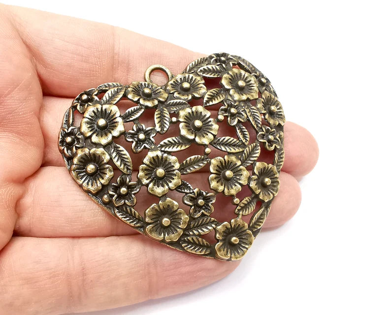 Heart Flower Pendant, Antique Bronze Plated Pendant (65x59mm) G33310