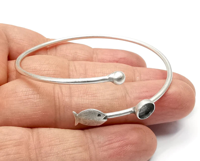 Fish Bracelet Bezel Blank Resin Bezel Cabochon Cuff Base Setting Adjustable Bracelet Silver Plated Brass (6mm Bezel) G33250
