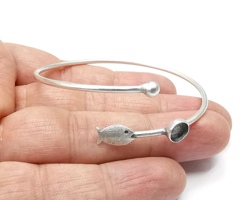 Fish Bracelet Bezel Blank Resin Bezel Cabochon Cuff Base Setting Adjustable Bracelet Silver Plated Brass (6mm Bezel) G33250