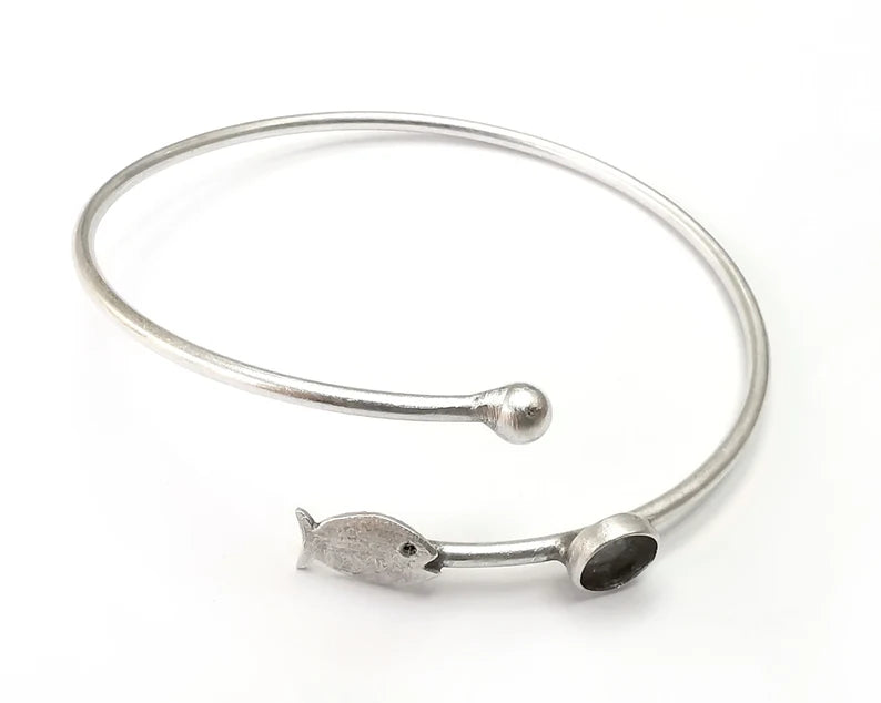 Fish Bracelet Bezel Blank Resin Bezel Cabochon Cuff Base Setting Adjustable Bracelet Silver Plated Brass (6mm Bezel) G33250