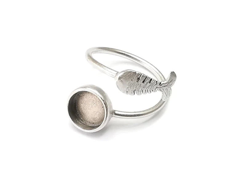 Fish bone Ring Blank Setting, Cabochon Mounting, Adjustable Resin Ring Base Bezels, Antique Silver Plated (8mm) G33252