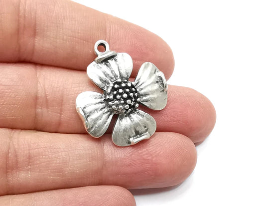 Cranberry Flower Charms, Antique Silver Plated Dangle Charms (30x27mm) G33259