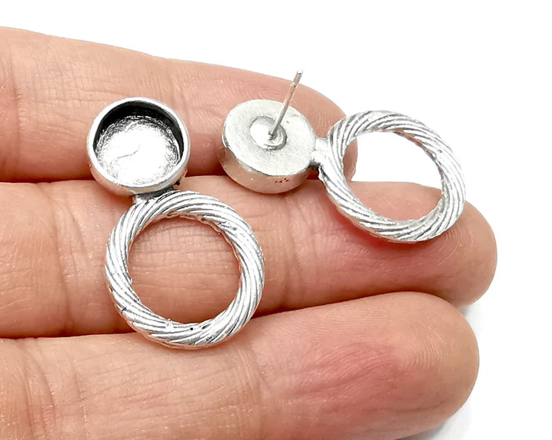 Swirl Hoops Blank Earring Bezel Set Base Antique Silver Plated Brass Earring Stud Base (10mm blank) G33279