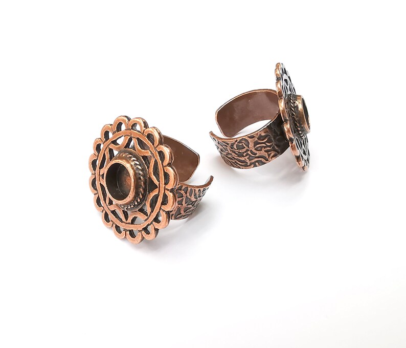 Copper Ring Setting Blank Cabochon Mounting Adjustable Resin Base Bezel Mosaic, Antique Copper Plated Brass (8mm) G33354