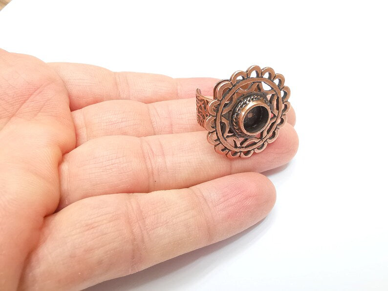 Copper Ring Setting Blank Cabochon Mounting Adjustable Resin Base Bezel Mosaic, Antique Copper Plated Brass (8mm) G33354