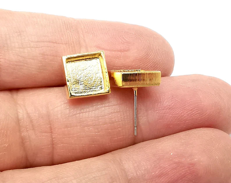 Gold Square Blank Earring Bezel Set Base Shiny Gold Plated Brass Earring Stud Base (8mm blank) G33357