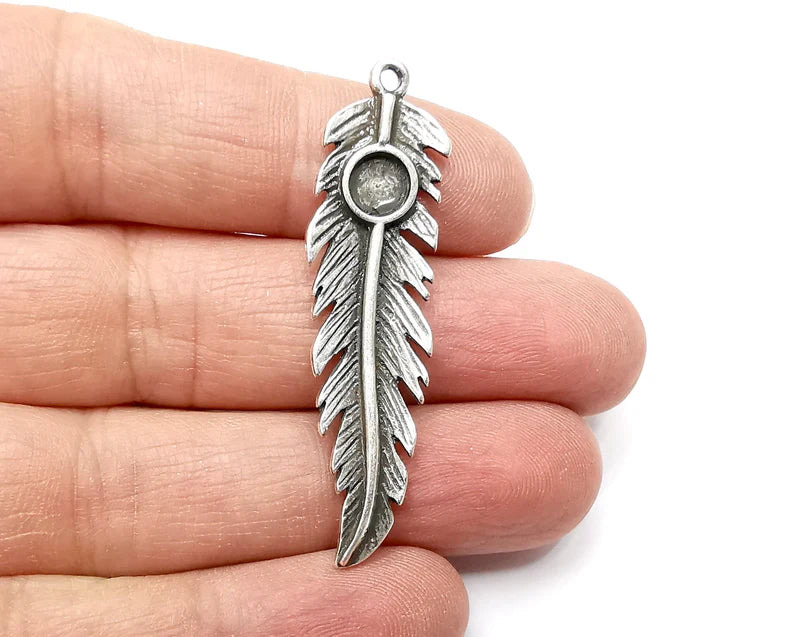 Feather Pendant Blanks, Resin Bezel Bases, Mosaic Mountings, Dry flower Frame, Polymer Clay base, Antique Silver Plated (6mm) G33284