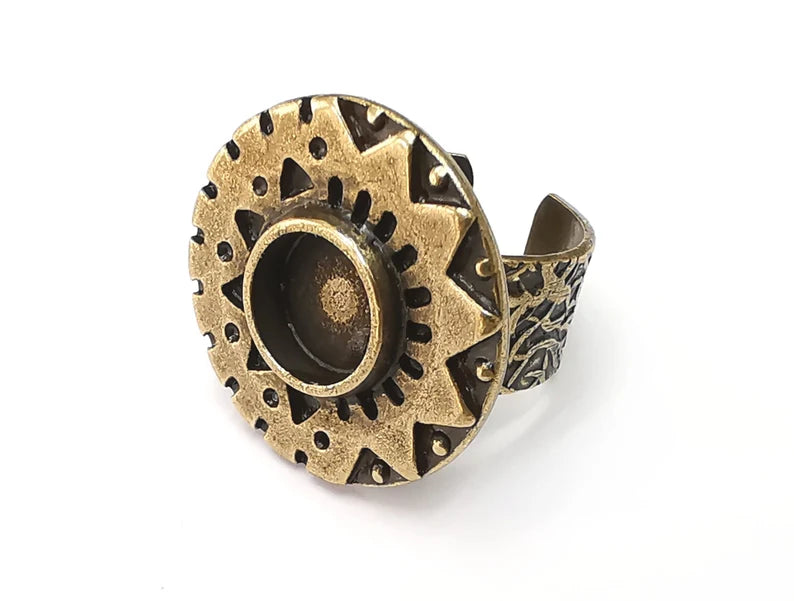 Ethnic Ring Setting Blank Cabochon Mounting Adjustable Resin Base Bezel Mosaic, Antique Bronze Plated Brass (10mm) G33365