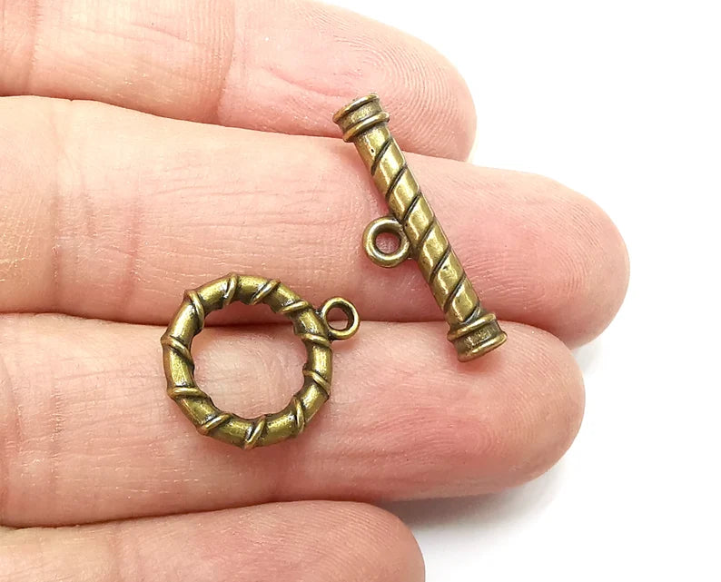 2 Twisted Swirl Toggle Clasps Set, Antique Bronze Plated Toggle Clasp Findings 25x7mm+19x15mm G33387