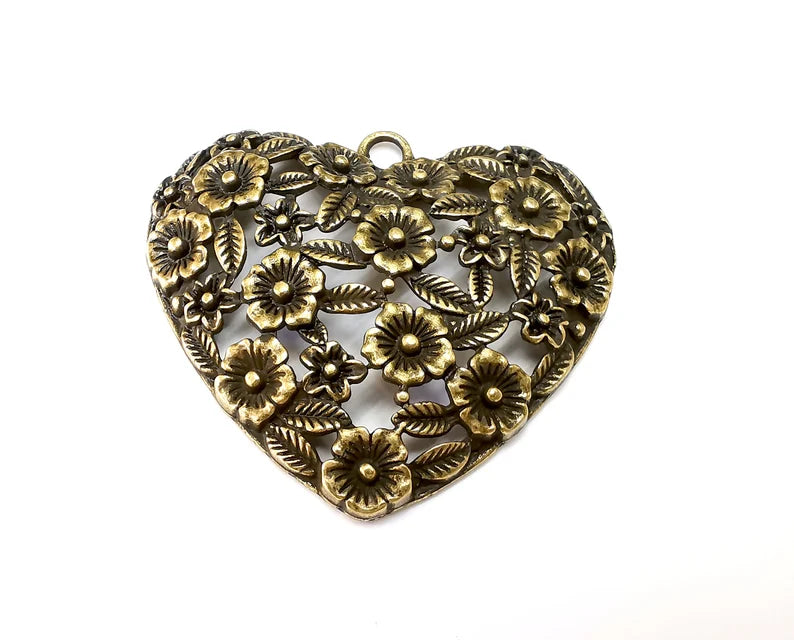 Heart Flower Pendant, Antique Bronze Plated Pendant (65x59mm) G33310