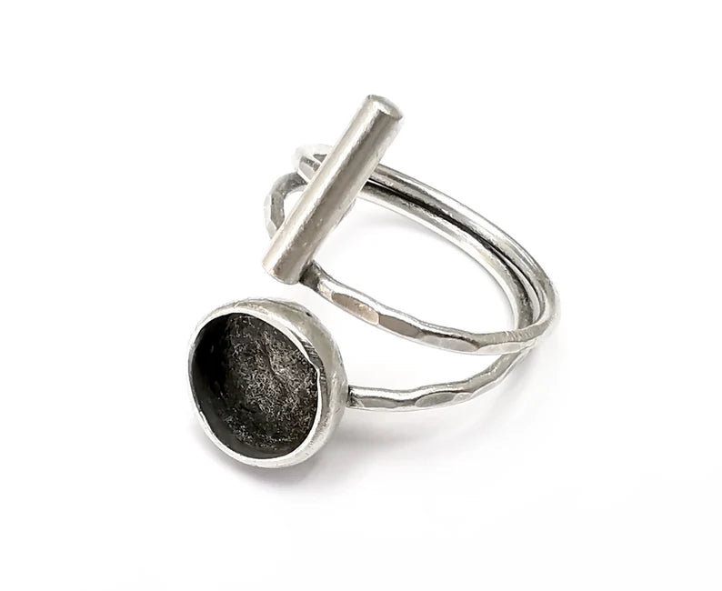 Wrap Rod Ring Setting Blank Cabochon Mounting Adjustable Resin Ring Base Bezel Mosaic Ring, Antique Silver Plated Brass (10mm bezel) G33391
