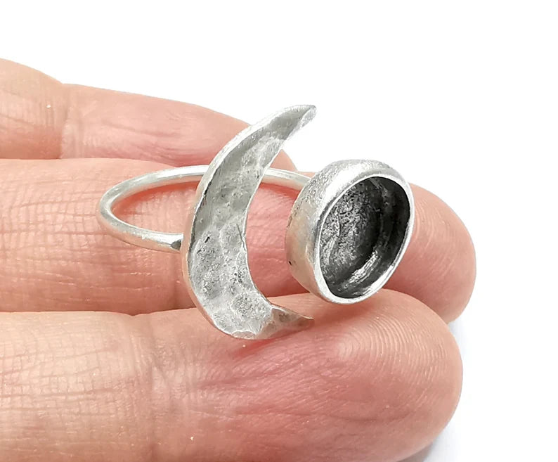 Crescent Moon Silver Ring Blank Base Bezel Settings Cabochon Base Mountings Adjustable , Antique Silver Plated Brass (10mm Blank) G33392