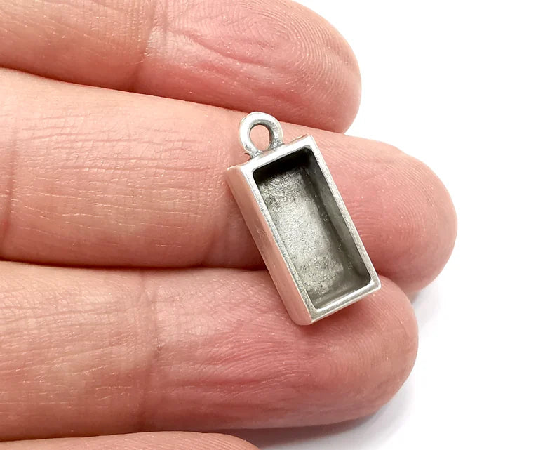 2 Rectangle Pendant Blanks Resin Bezel Base Mosaic Mountings Antique Silver Plated (21x9mm)( 14x6 mm Bezel Inner Size) G33394