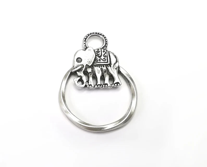 Elephant Circle Charms, Antique Silver Plated (47x33mm) G33409