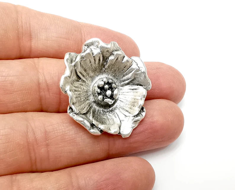 Flower Charms Pendant, Antique Silver Plated Pendant (33mm) G33340