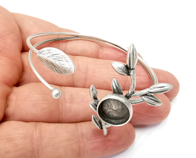 Branch Leaf Bracelet Bezel Blank Resin Bezel Cabochon Cuff Base Settings Adjustable Bracelet Antique Silver Plated Brass (12mm Bezel) G33415